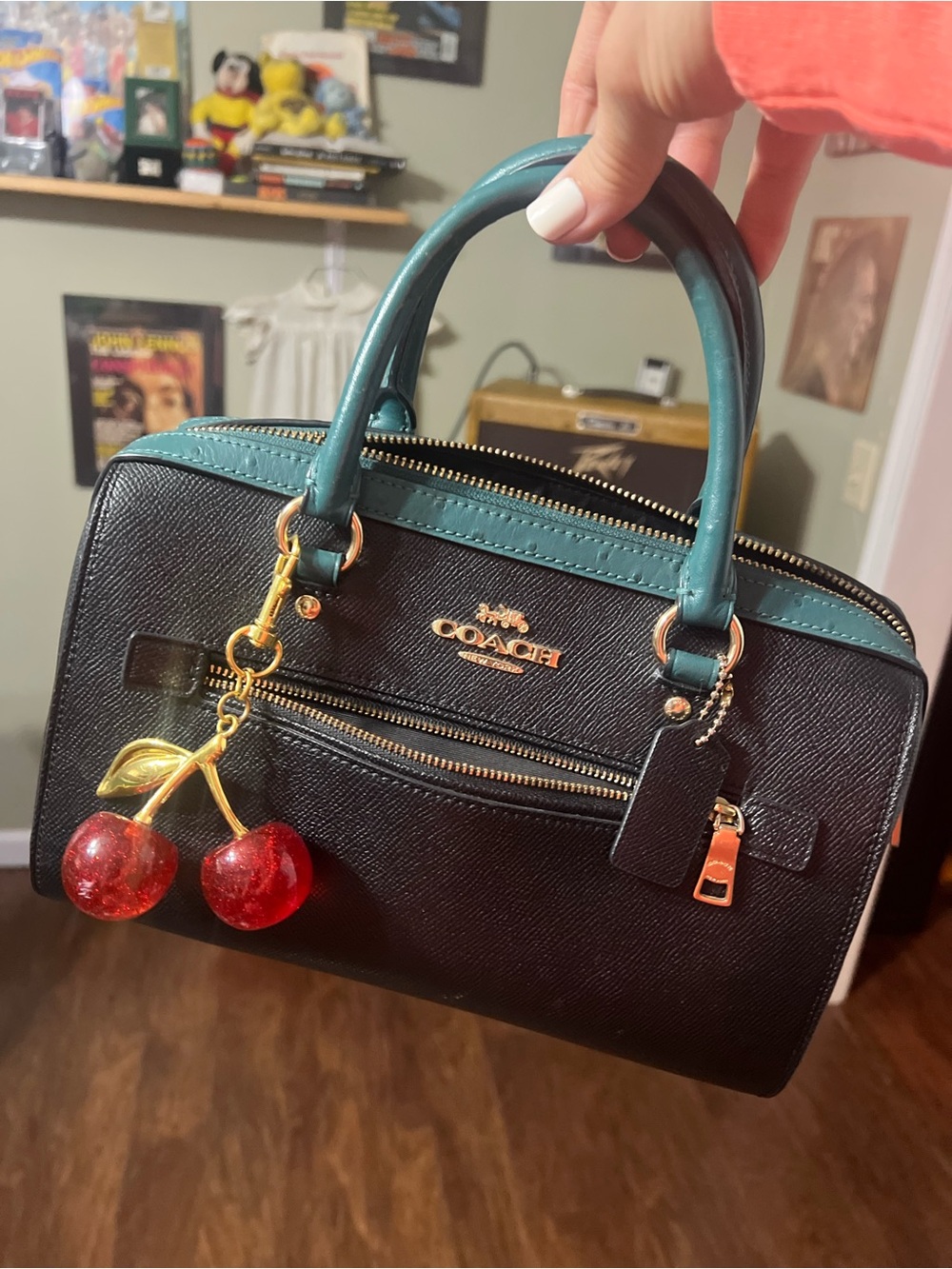 Coach Black Satchel with Teal Trim and Gold Hardware